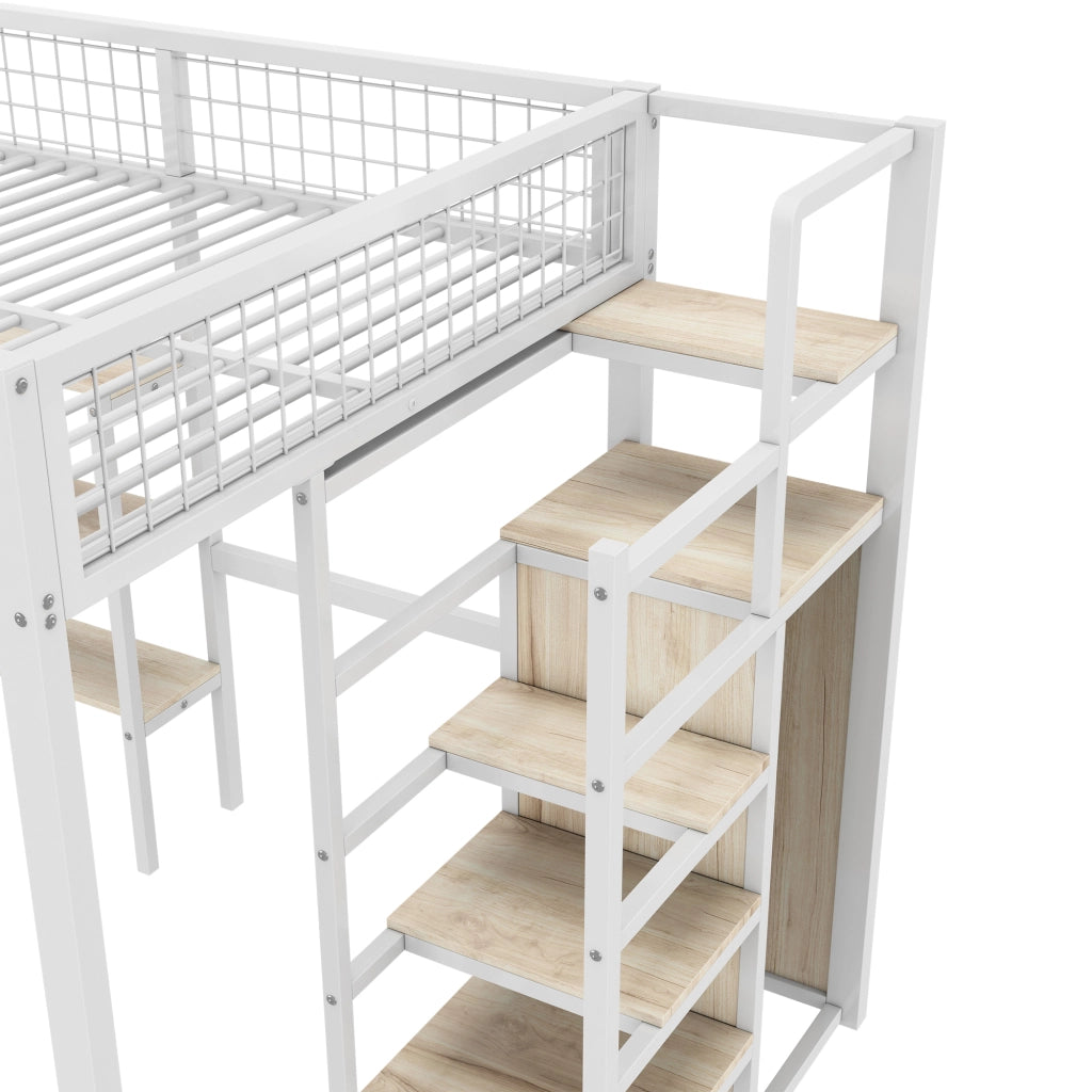 Letto a soppalco 140 × 200 cm con scrivania; ripiani e armadio integrato in metallo e MDF bianco