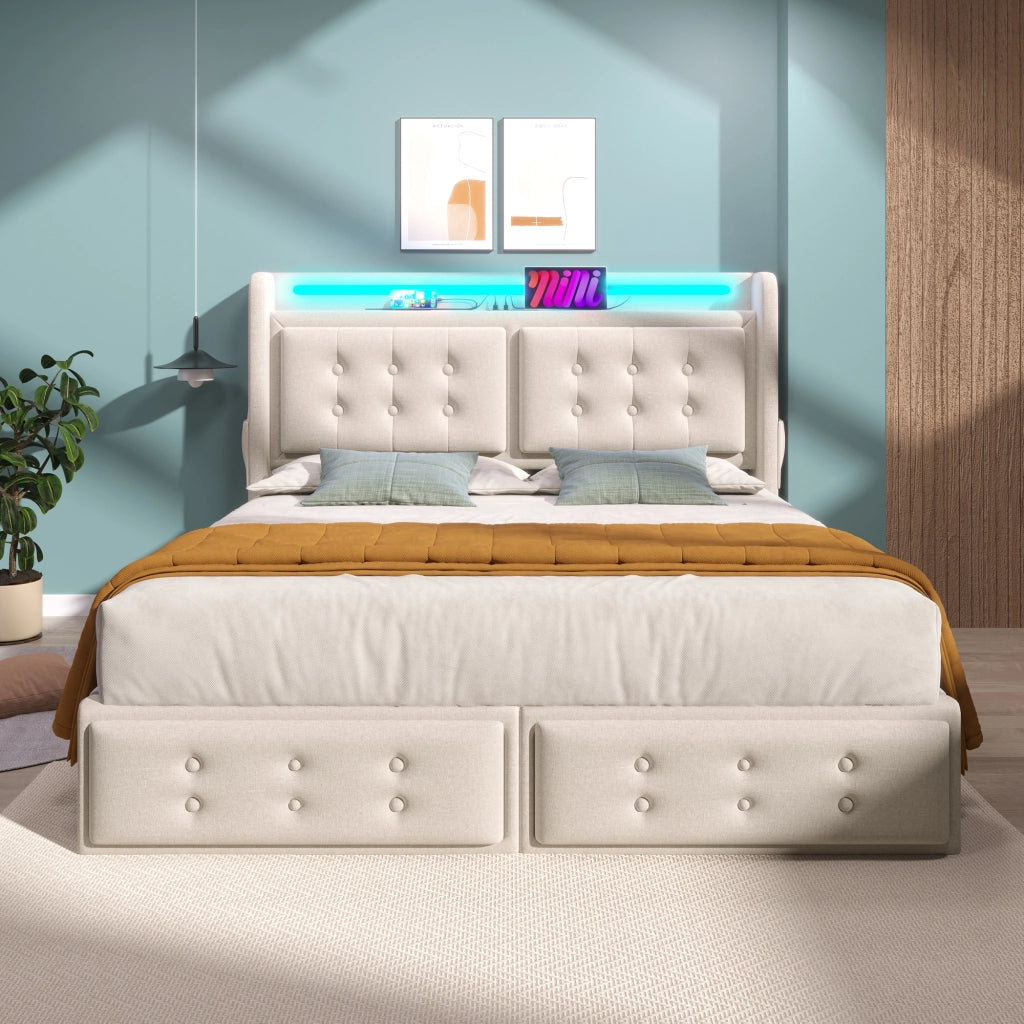DESMIU Lit Coffre 140 × 200 cm 2 Posti con LED, USB, Type-C e 4 Cassetti, Materasso Incluso, Beige