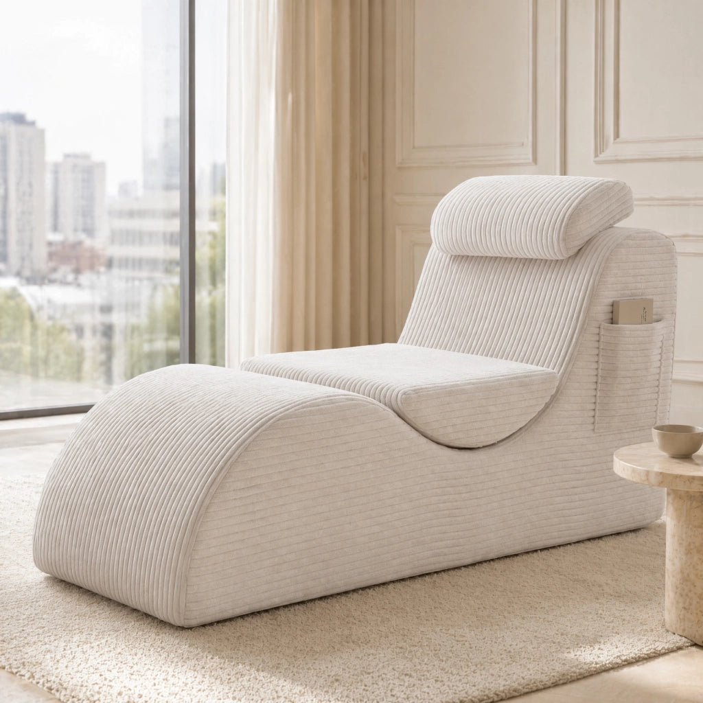Poltrona singola ergonomica 160x66x90 cm in velluto a coste beige; con tasca laterale