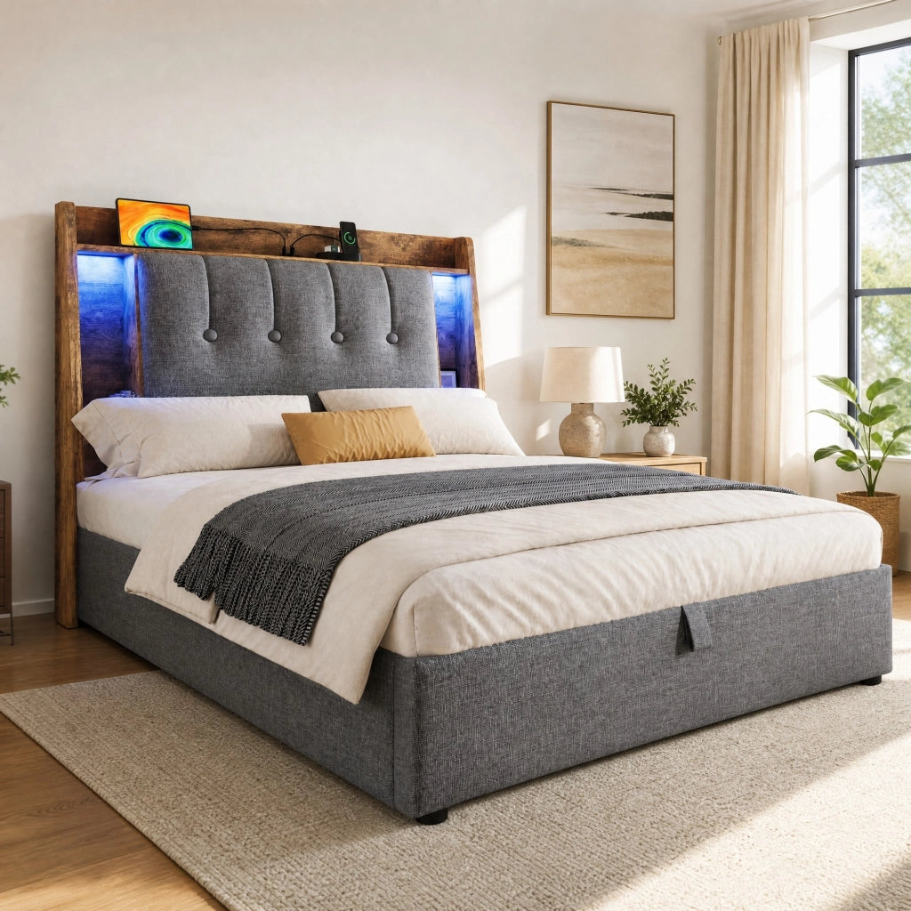 Letto singolo 90x200 cm con contenitore idraulico; LED; USB-C; lino e MDF grigio