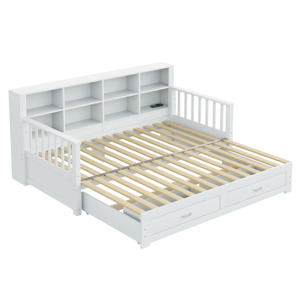 Letto divano estraibile 90×190 e 180×190 cm con 2 cassetti, mensole e presa, senza materasso, bianco in legno