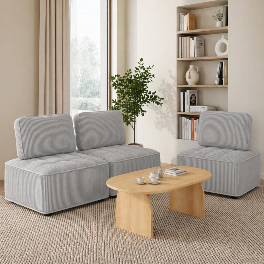IDMarket - Modulo divano e poltrona ALFIE in velluto a coste grigio chiaro
