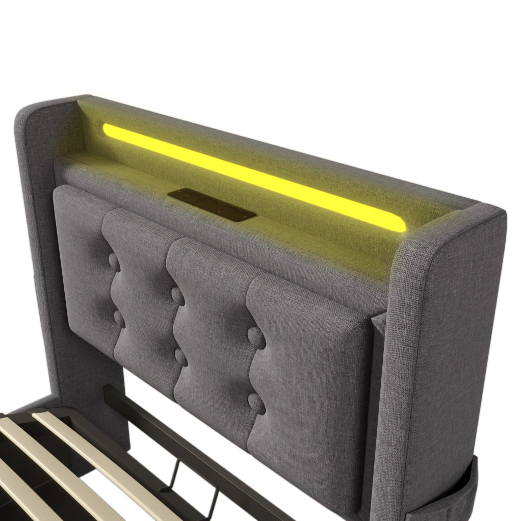 Letto imbottito 90x200 cm con LED; prese USB e Type-C; contenitore; cotone e lino; grigio