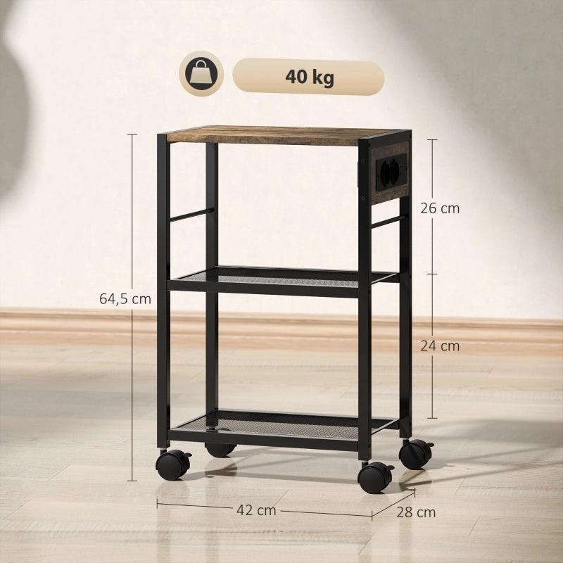 Supporto per stampante a 3 ripiani con prese USB e USB-C su ruote bloccabili marrone rustico 42 × 28 × 64.5 cm