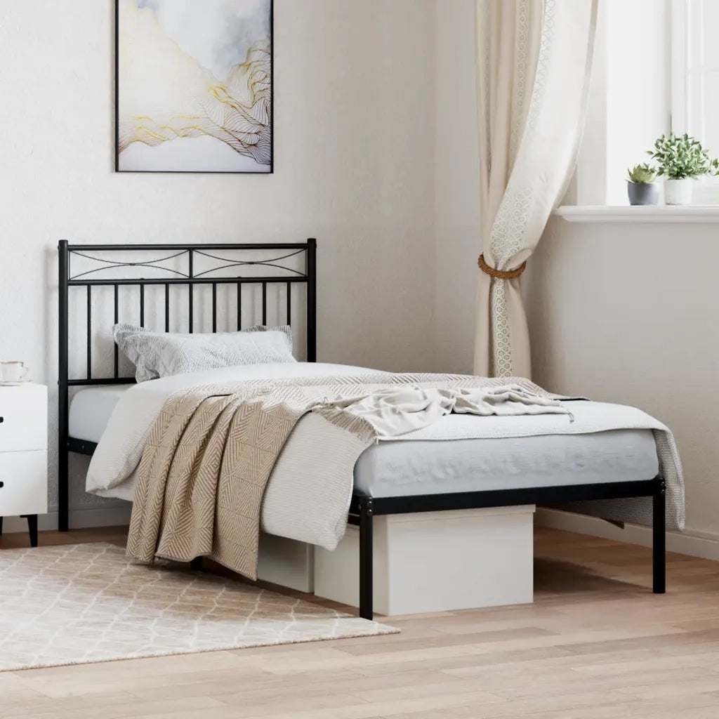 Letto singolo | Letto per adulti | Giroletto con Testiera in Metallo Nero 90x190 cm