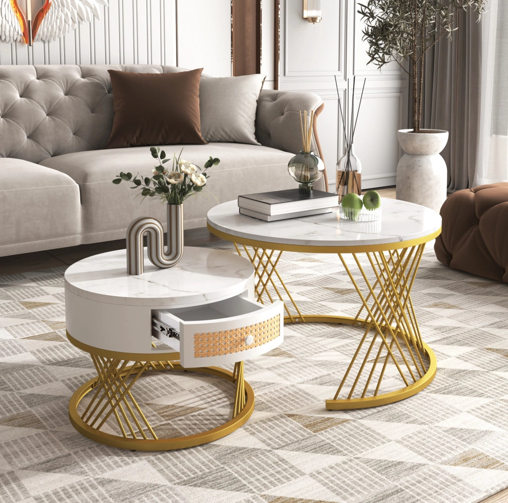 Set di 2 tavolini rotondi in MDF con cassetto; bianco e oro