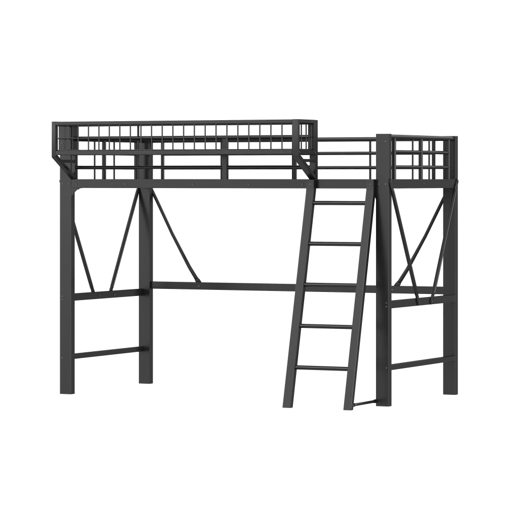 Letto a soppalco 90 × 200 cm 1 posto con LED a 7 colori, cestino laterale e barriere, senza materasso, nero