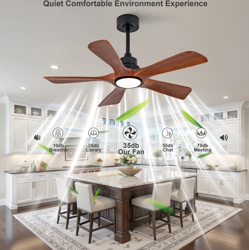 Ventilatore a soffitto 42 pollici con 5 pale in legno di Paulownia, luce LED dimmerabile e telecomando, 6 velocità, funzione inversione, adatto per soggiorno e patio