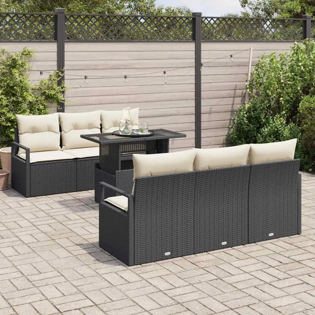 Set Divano da Giardino 7 pcs Nero e Crema polyrattan