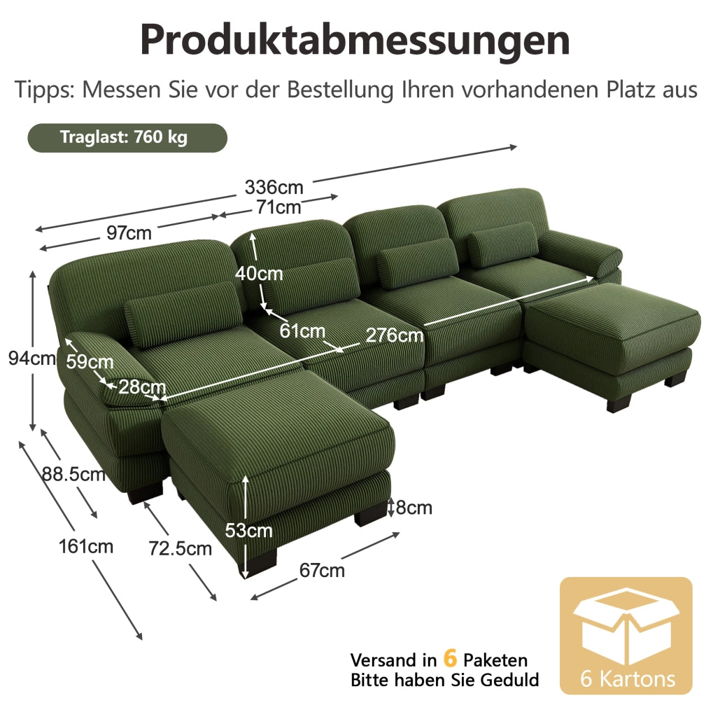 Divano modulare configurabile a U con pouf e cuscino lombare in velluto a coste verde