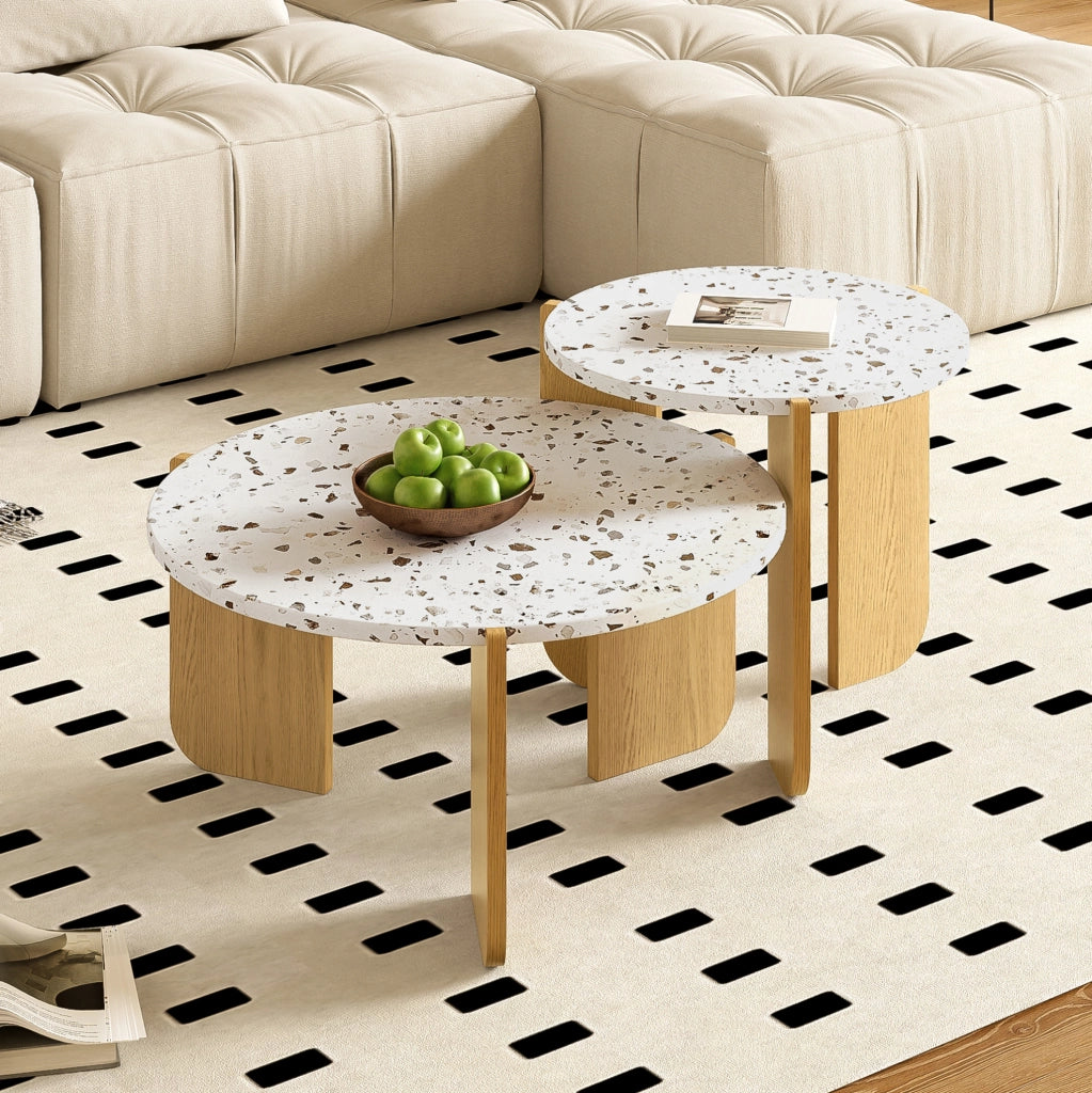 Tavolino da caffè componibile 2 pezzi in MDF; finitura naturale; 70x70x35 cm e 50x50x45;5 cm