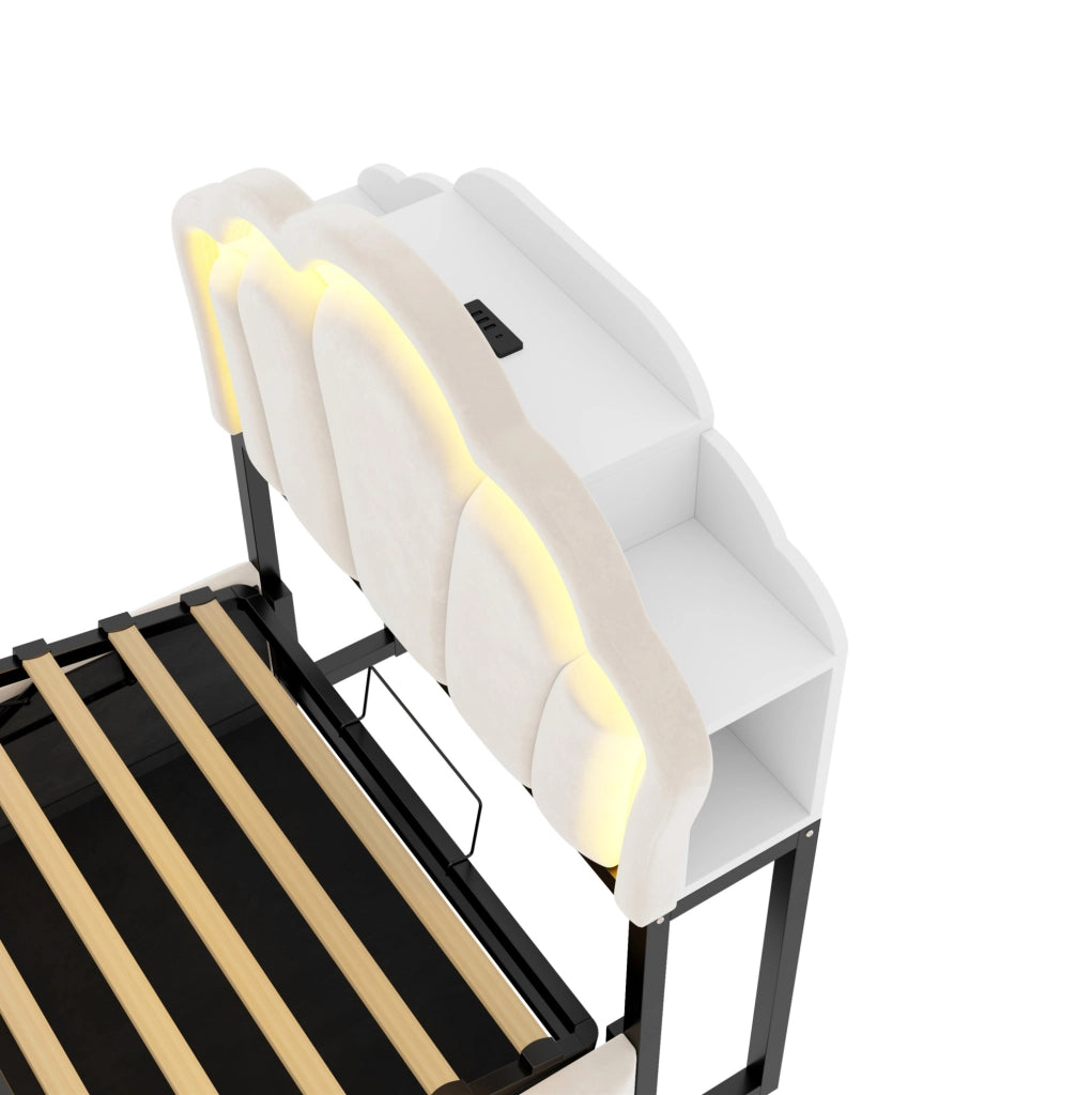 Letto singolo imbottito ULEVR 90x200 cm con contenitore idraulico, LED, prese integrate e rivestimento in velluto beige