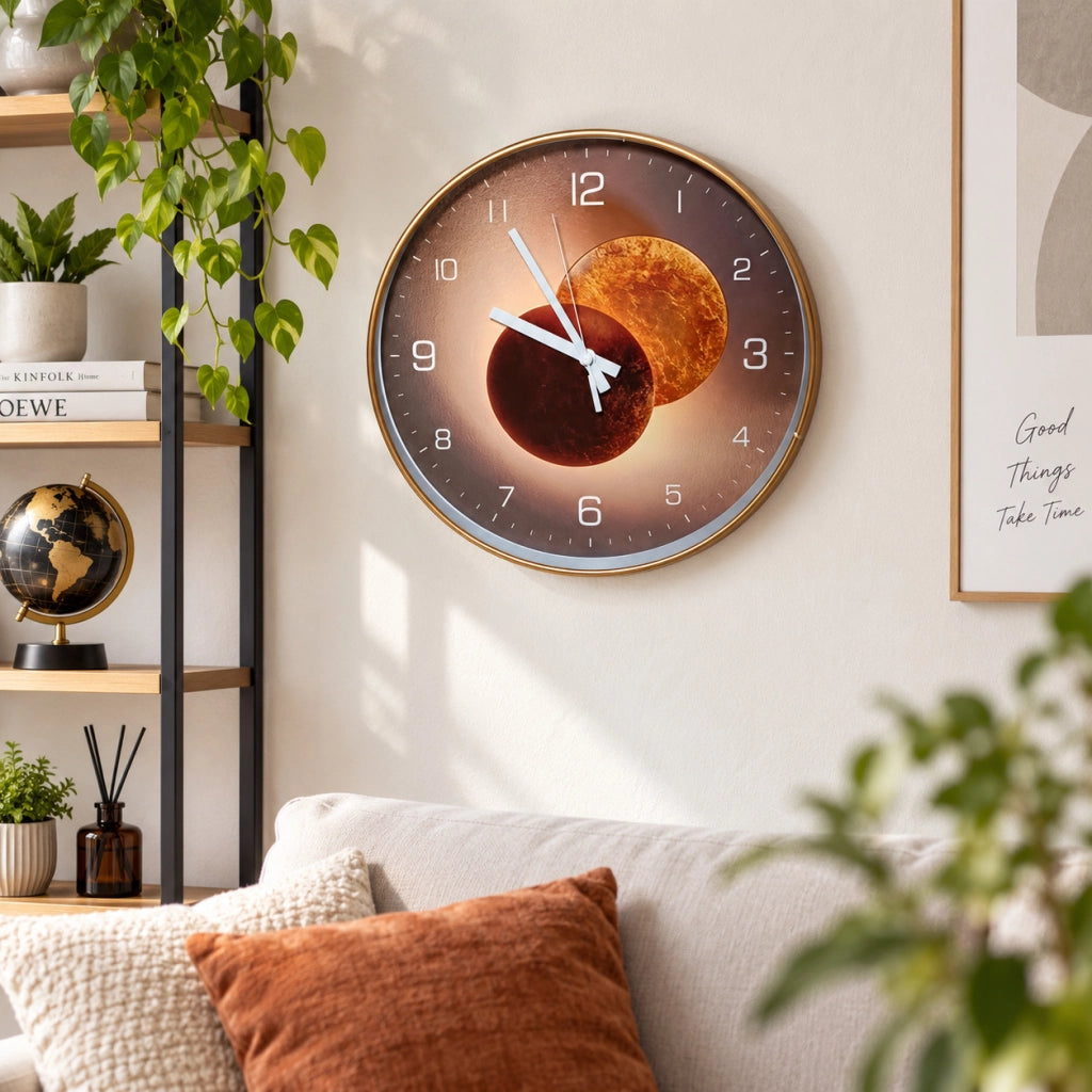 OROLOGIO PARETE TONDO LUNA 30CM MODERNO DESIGN PIANETI VARI COLORI CASA UFFICIO