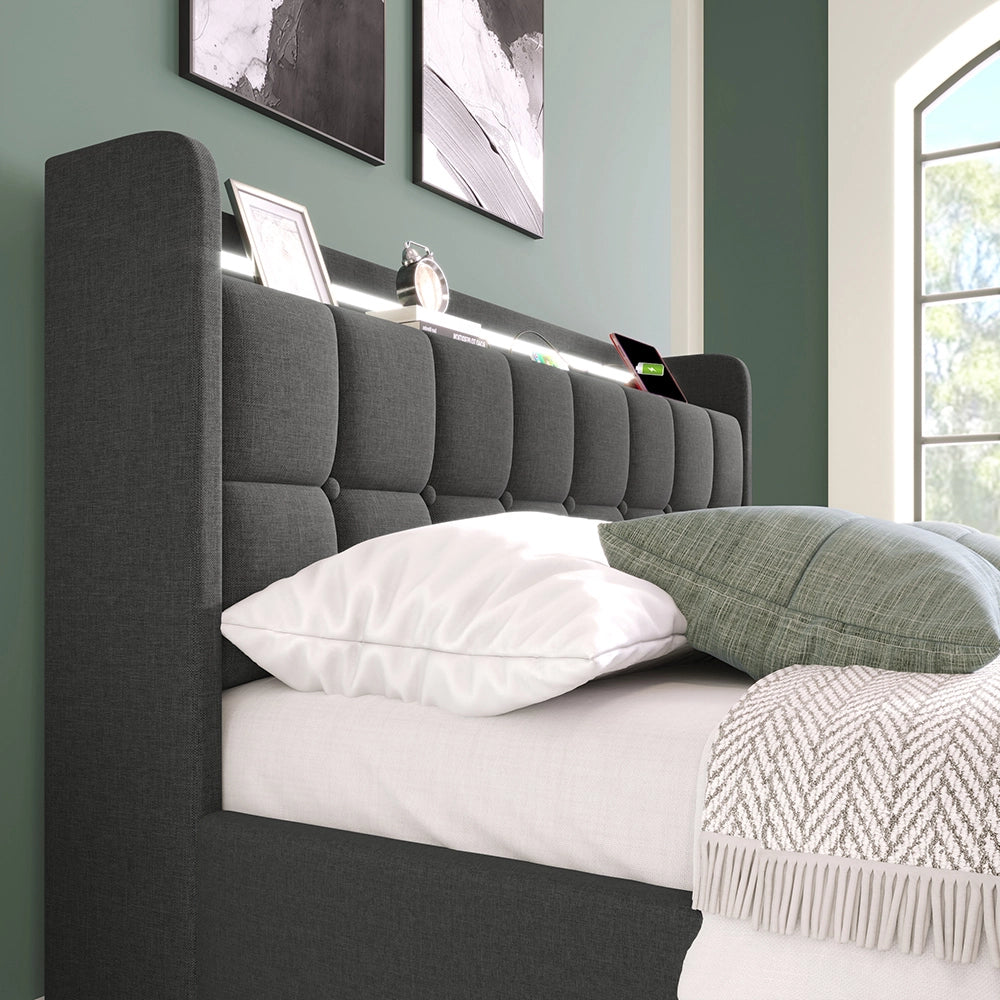 Letto imbottito con testiera e illuminazione LED, 2 cassetti, funzione di ricarica USB, Grigio - Xylo - 90x200cm
