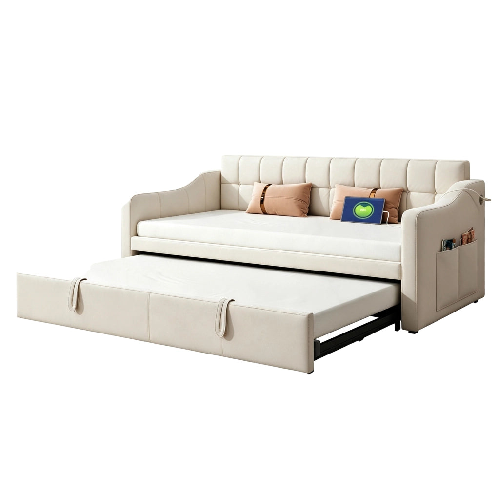 Divano letto 2 in 1 in velluto beige 90x190 cm con porta USB e spazio contenitivo