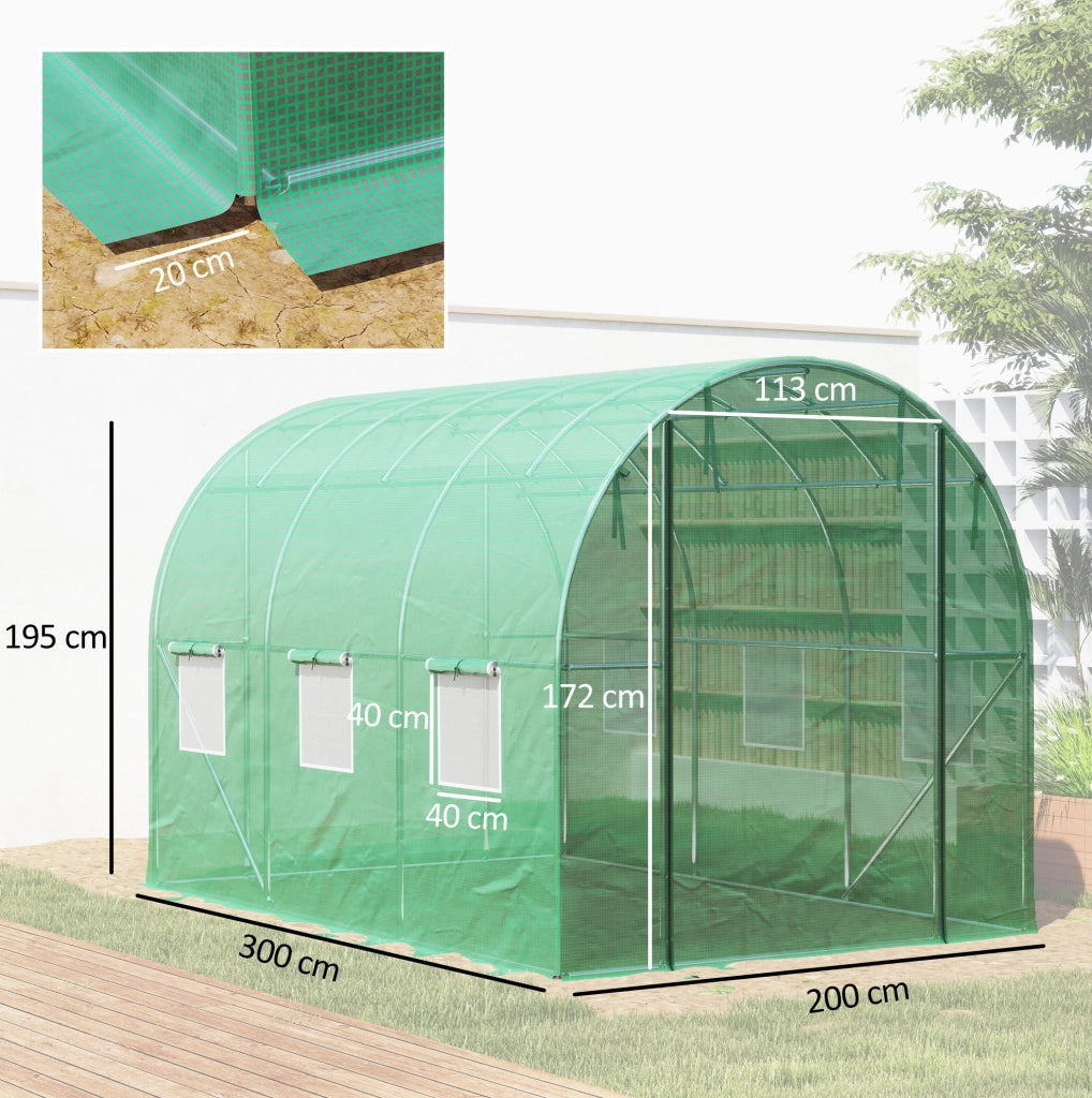 Serra a tunnel in plastica verde con porte e finestre avvolgibili