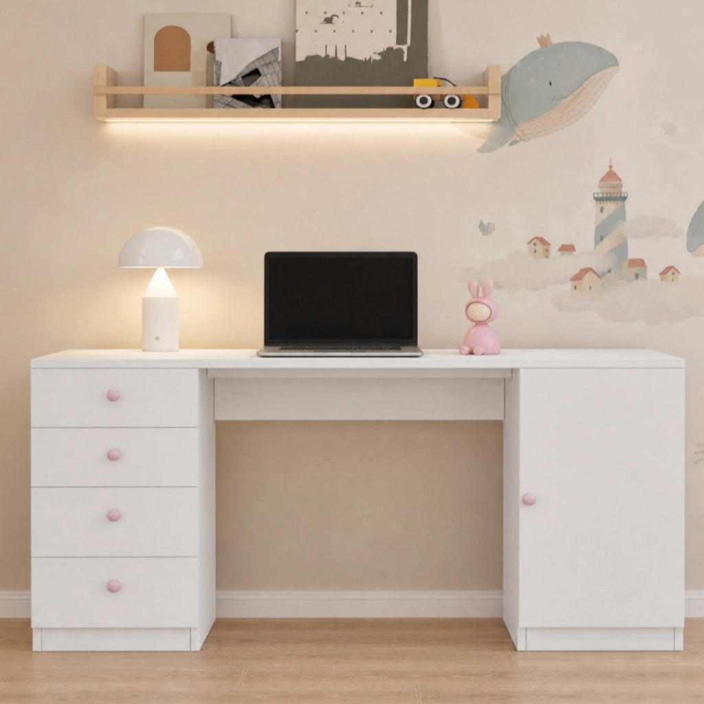 Scrivania per bambini 155x45x75 cm in MDF bianco, 4 cassetti e vano