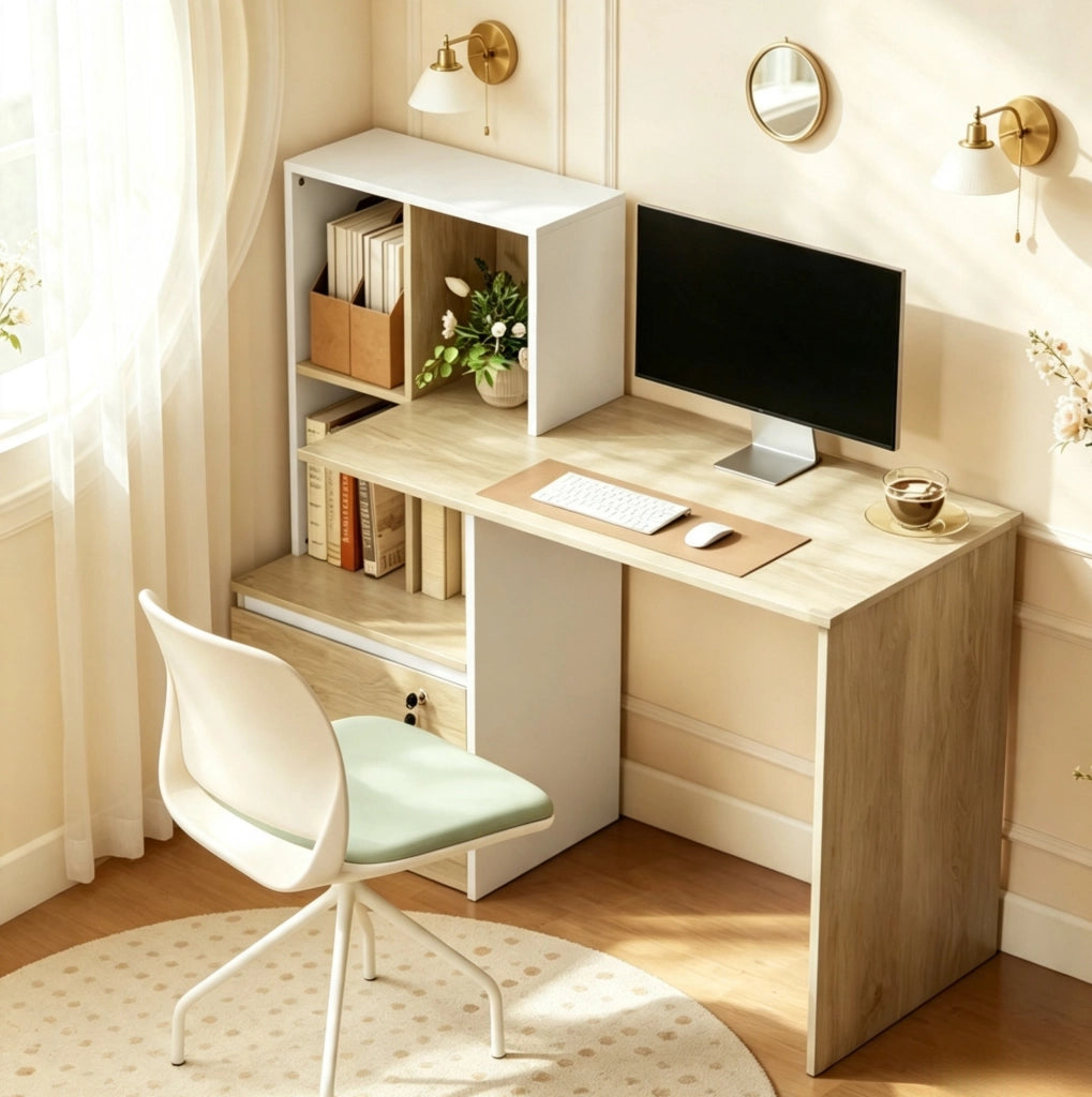 Scrivania per computer con libreria a 4 scomparti e cassetto chiudibile, colore quercia e bianco, 126x50x109 cm