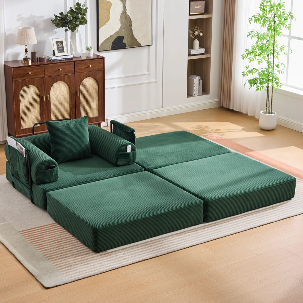 Pouf poggiapiedi pieghevole convertibile in letto singolo; in corduroy verde smeraldo 109x95x43 cm