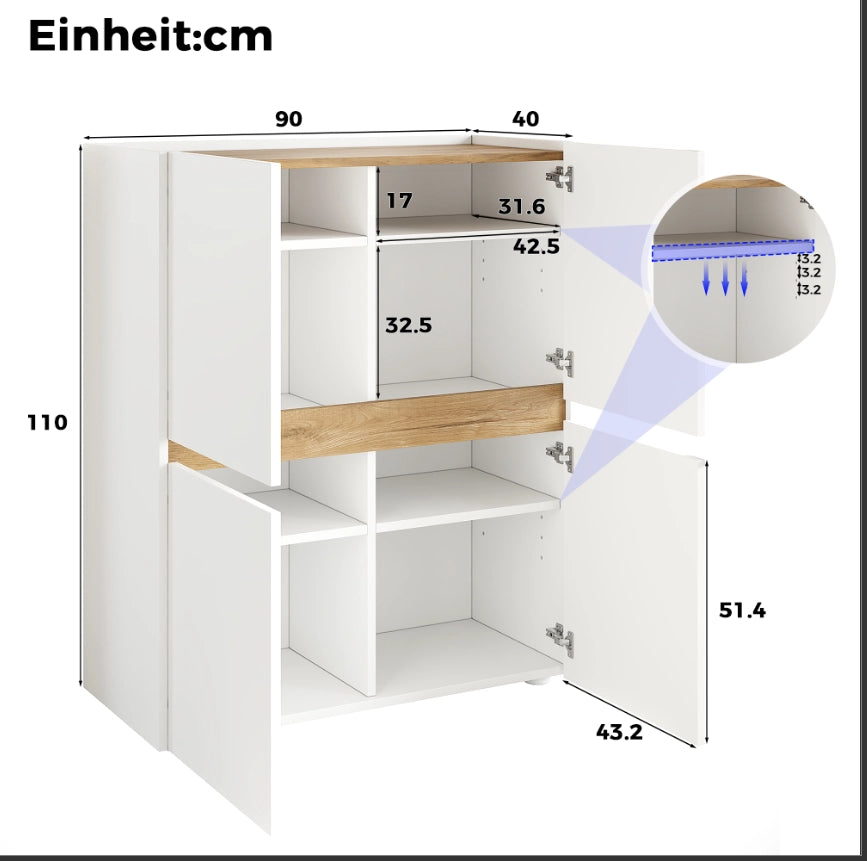 Armadio contenitore 90x40x110 cm con 4 ante; 8 scomparti e ripiani regolabili; rovere bianco