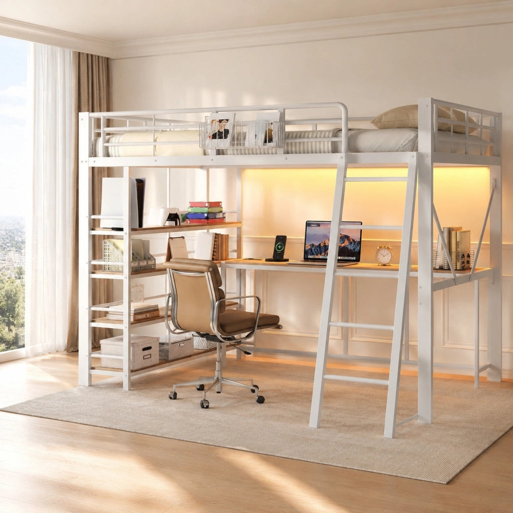 Letto a soppalco 140x200 cm con scrivania, LED e USB