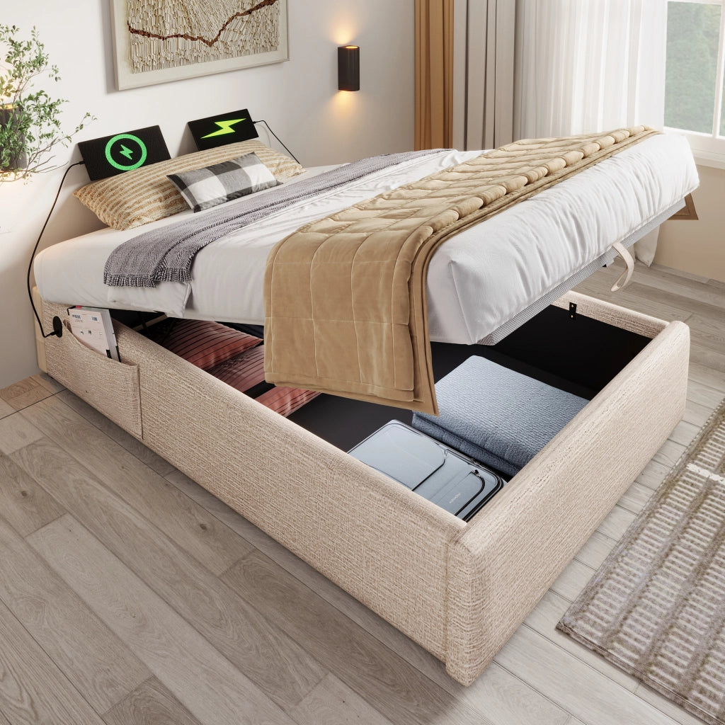 Letto contenitore singolo 90×200 cm con USB; Type-C e tasca laterale; senza materasso; in lino; naturale