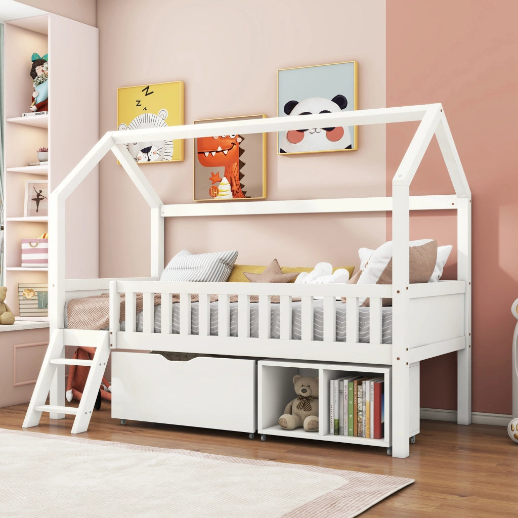 LETTO a casetta 90x200 cm in legno massello bianco con scala e cassetti