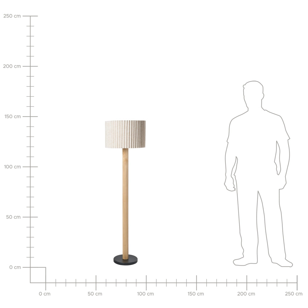 Lampada da terra con paralume in tessuto di lino e base in legno di gomma naturale color beige chiaro stile moderno