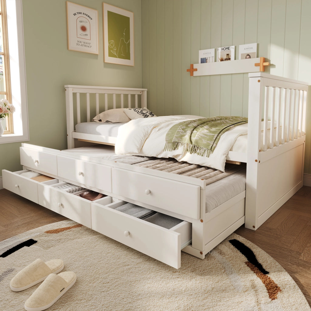 Letto singolo 90x200 con letto estraibile; ripiani LED dimmerabile e USB; pino e MDF bianco
