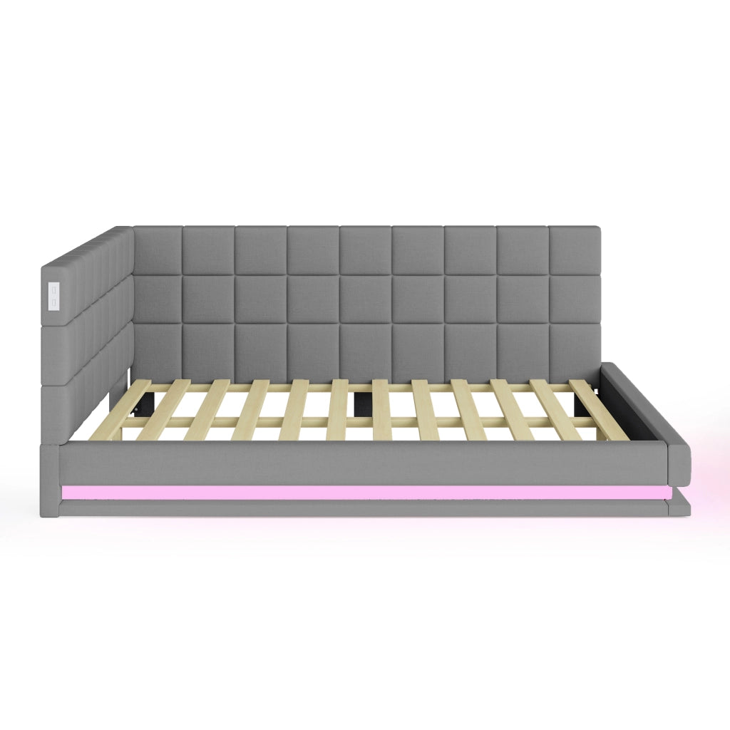 Divano letto 140x200 cm con LED multicolore e porta USB; rete a doghe; lino grigio