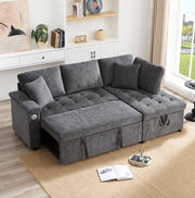 Divano letto angolare destro in ciniglia grigio scuro con contenitore e ricarica integrata