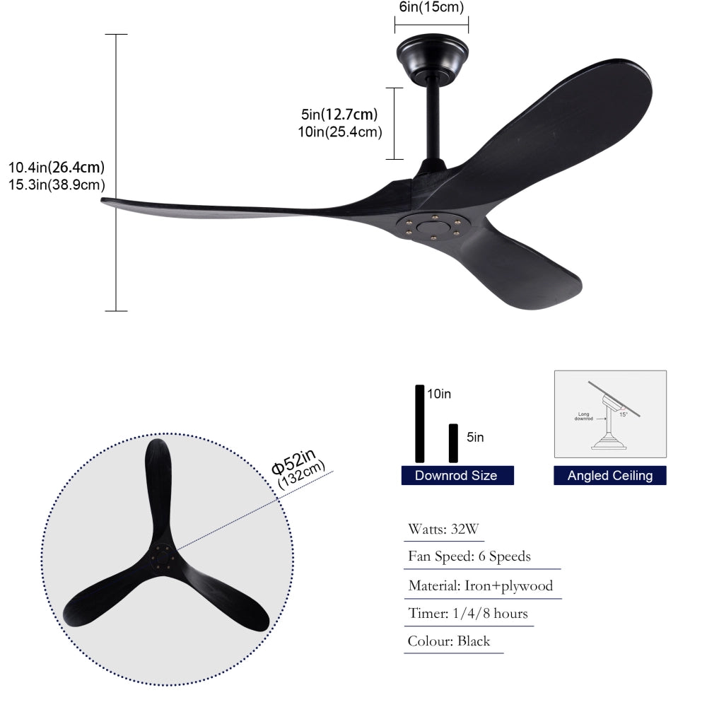 Ventilatore a soffitto 52" nero con 3 pale in legno di paulonia, controllo remoto, 6 velocità e funzione reversibile