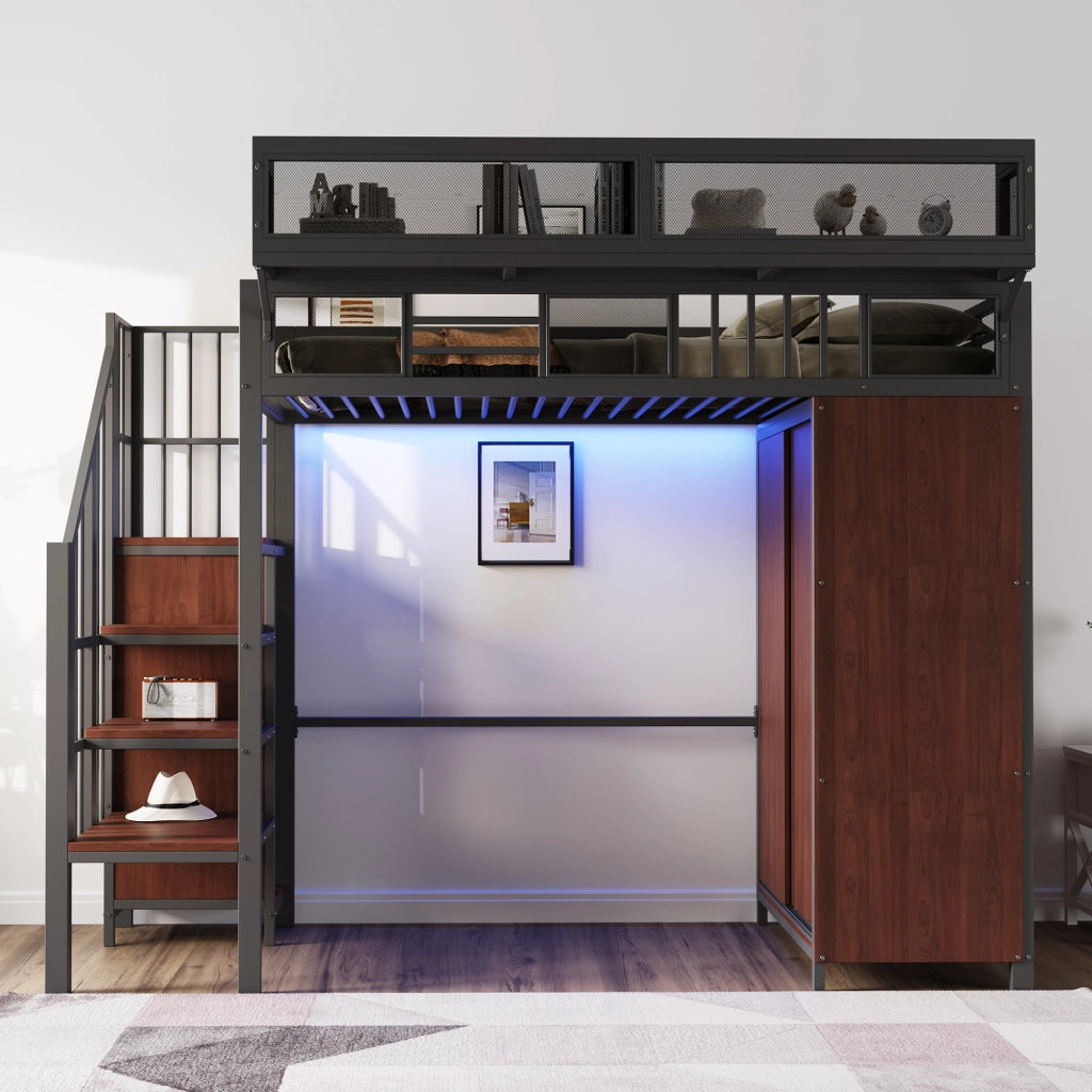 Letto a soppalco 90x200 cm in metallo e legno nero con armadio integrato