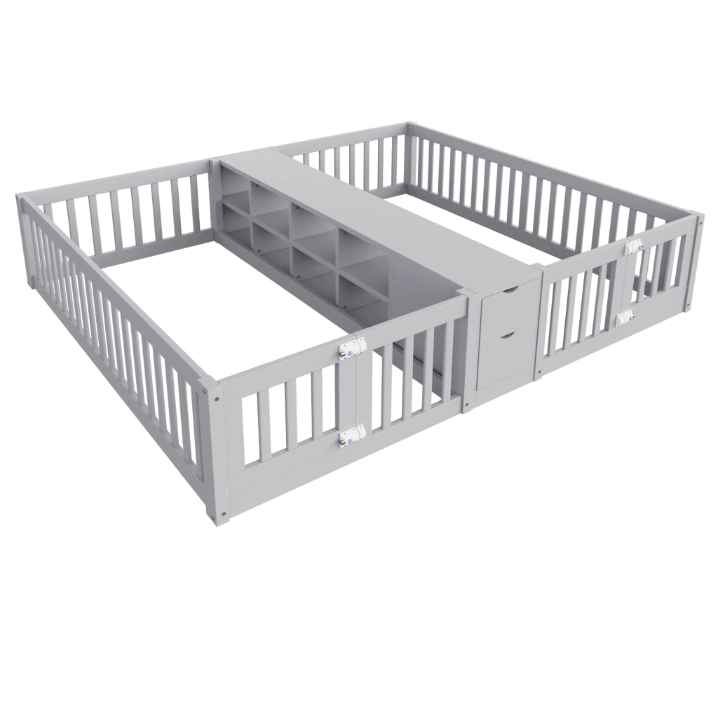 Letto per bambini 2 posti 90 × 200 cm con cassetti, ripiani centrali e sponde alte, senza materasso, grigio
