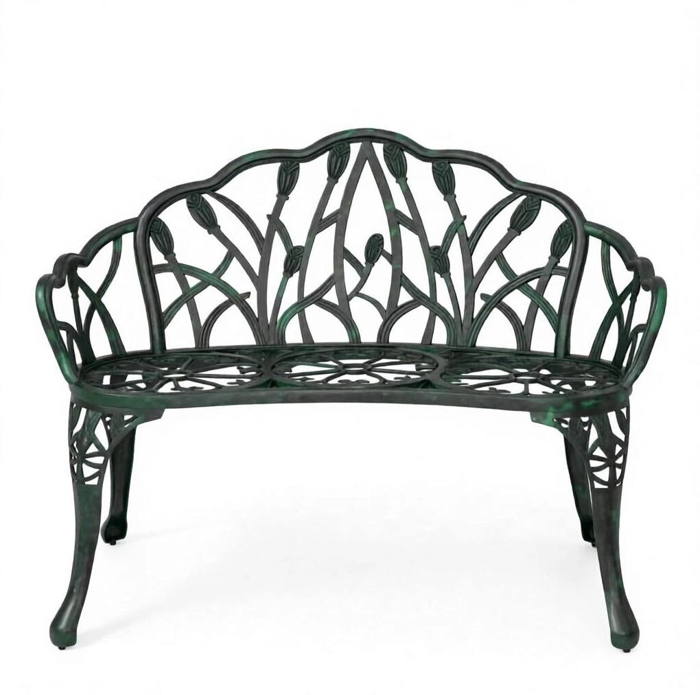 Panca da giardino ULEVR 99x57x78 cm in alluminio pressofuso verde antico, 2 posti con schienale e braccioli