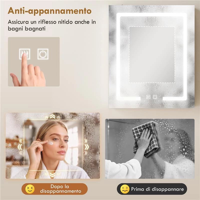ARMADIETTO BAGNO CON SPECCHIO, LUCE LED REGOLABILE E SISTEMA ANTIAPPANNAMENTO, 50X15X60 CM, BIANCO