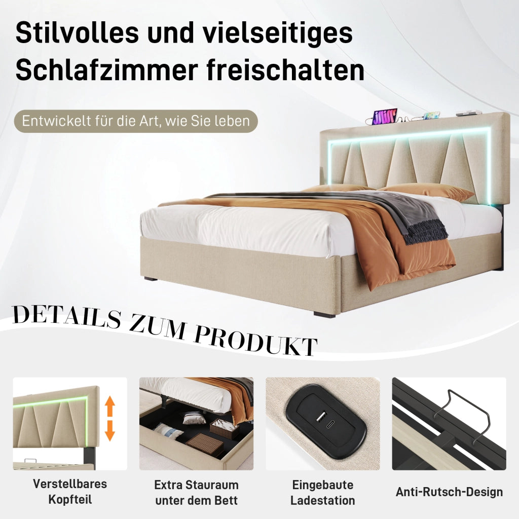 Letto Contenitore Matrimoniale 140 x 200 cm; USB e Tipo C; LED; Testiera Regolabile in Lino Beige