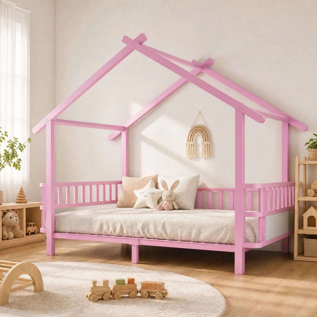 Letto per bambini in metallo a forma di casa 90 x 200 cm con sponde di sicurezza; rosa