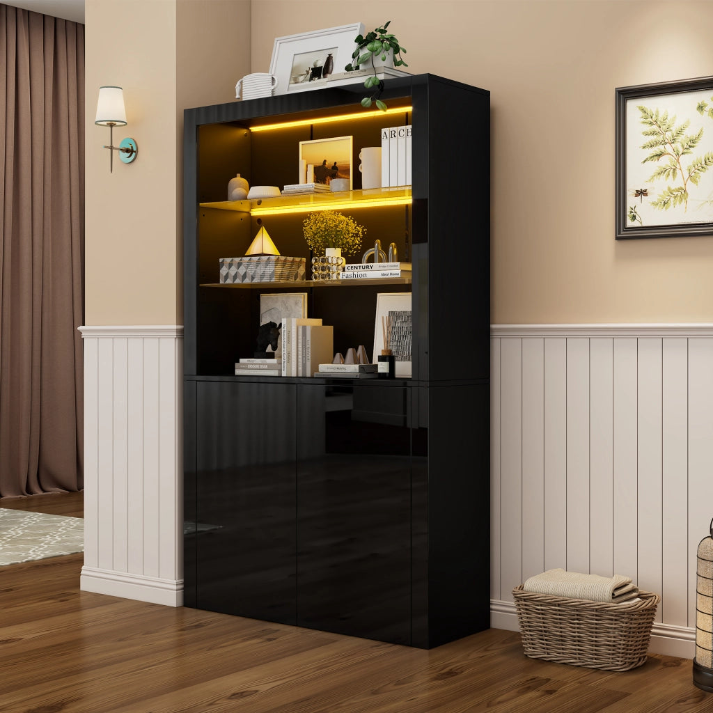 Vetrina con LED regolabile tramite app; due ante; ripiani in vetro; MDF e pannello truciolare nera 100 × 35 × 170 cm