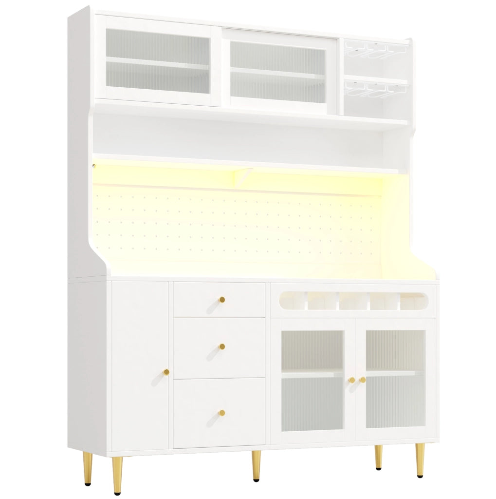 Hochschrank mit LED-Beleuchtung, verstellbaren Einlegeböden und Weinschublade, MDF/Glas/Metall, 145×39×171 cm, Weiß