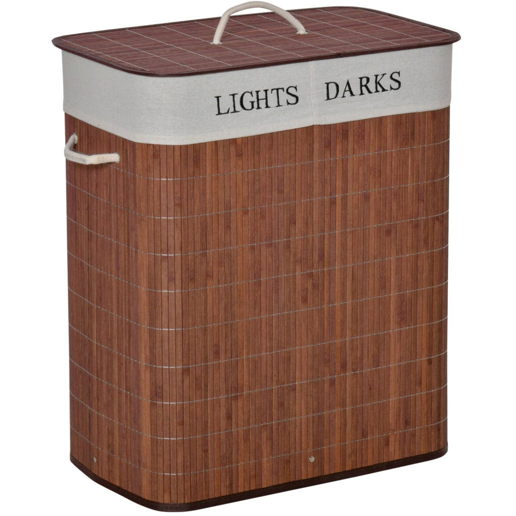 Cesto porta biancheria 100L con 3 maniglie, fodera staccabile e lavabile, struttura in bambù, cotone e metallo, 52x32x63 cm, marrone e bianco