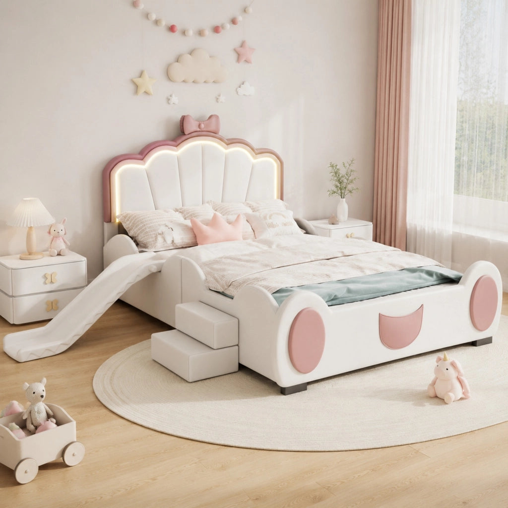 Letto per bambini 140x200 cm con design a farfalla, LED multicolore, scivolo e scala, in PU e MDF, rosa e bianco