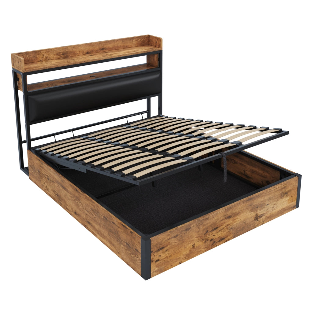 Letto matrimoniale 180x200 cm con contenitore idraulico, USB, testiera imbottita, nero