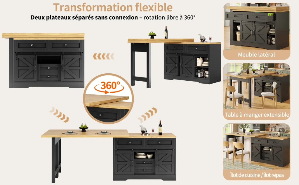 Isola Cucina Multifunzione con Tavolo da Pranzo, Armadio Laterale con Cassetti Nascosti, Pannelli Girevoli a 360°, Porta Scorrevole Stile Granaio, Design 2-in-1