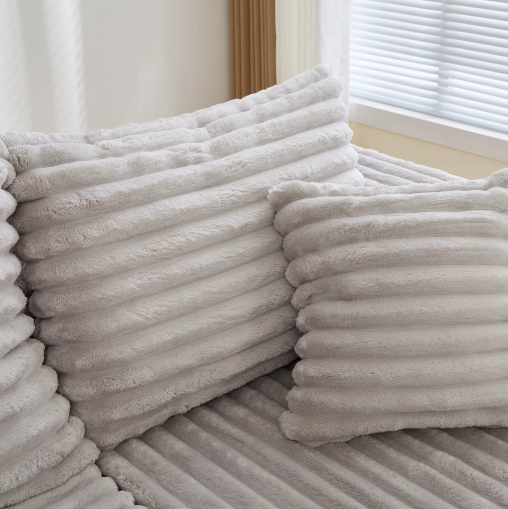 Divano modulare a U in corduroy grigio chiaro 320x155x88 cm; con portabicchieri e tasca laterale