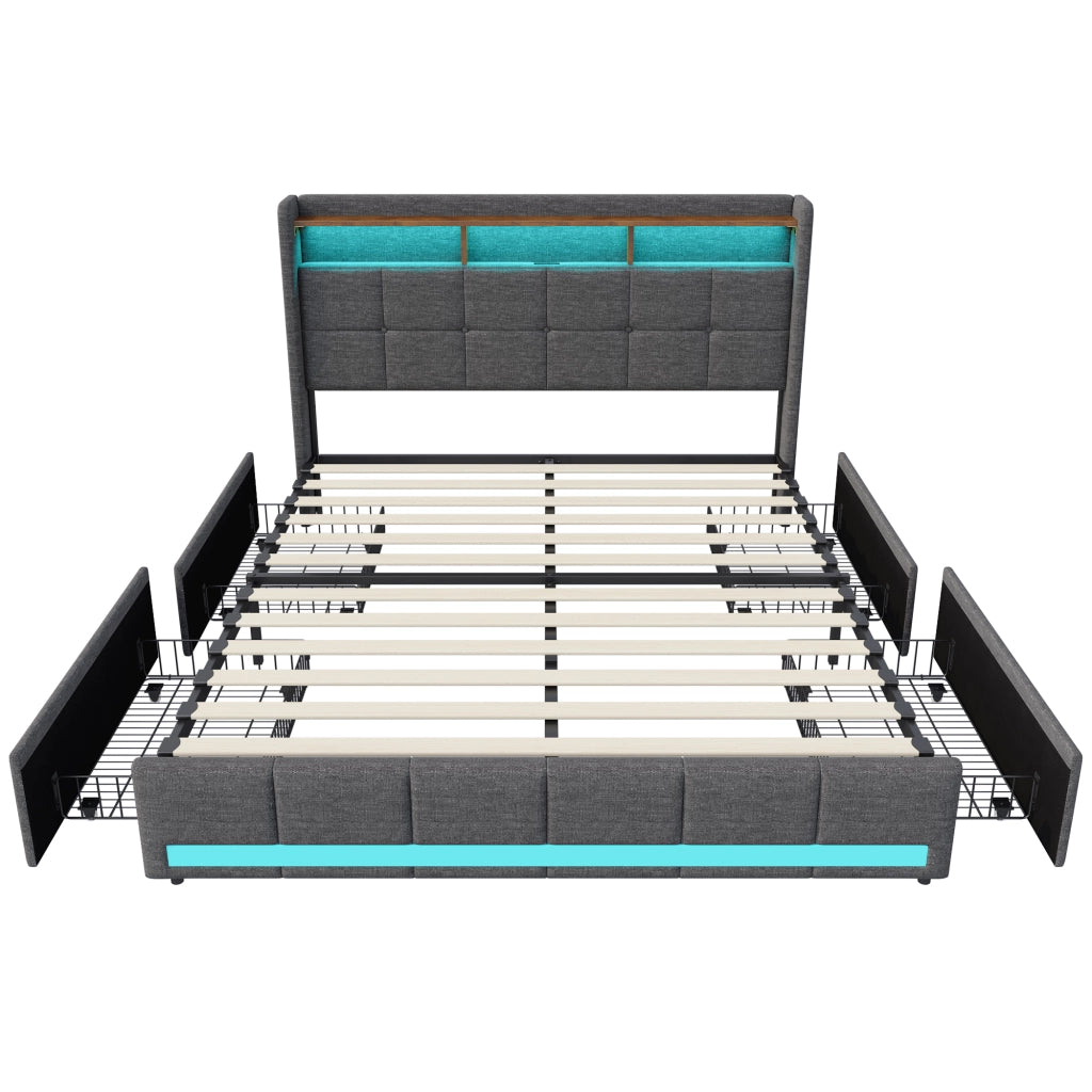 Letto matrimoniale imbottito 140x190 cm con 4 cassetti ; letto Contenitore con LED e USB; letto funzionale letto adulti ;Lino Grigio Scuro