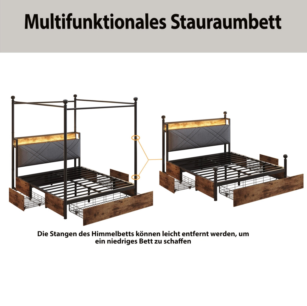Letto multifunzionale 140x190 cm in ferro; baldacchino removibile; LED; USB e Type-C; nero