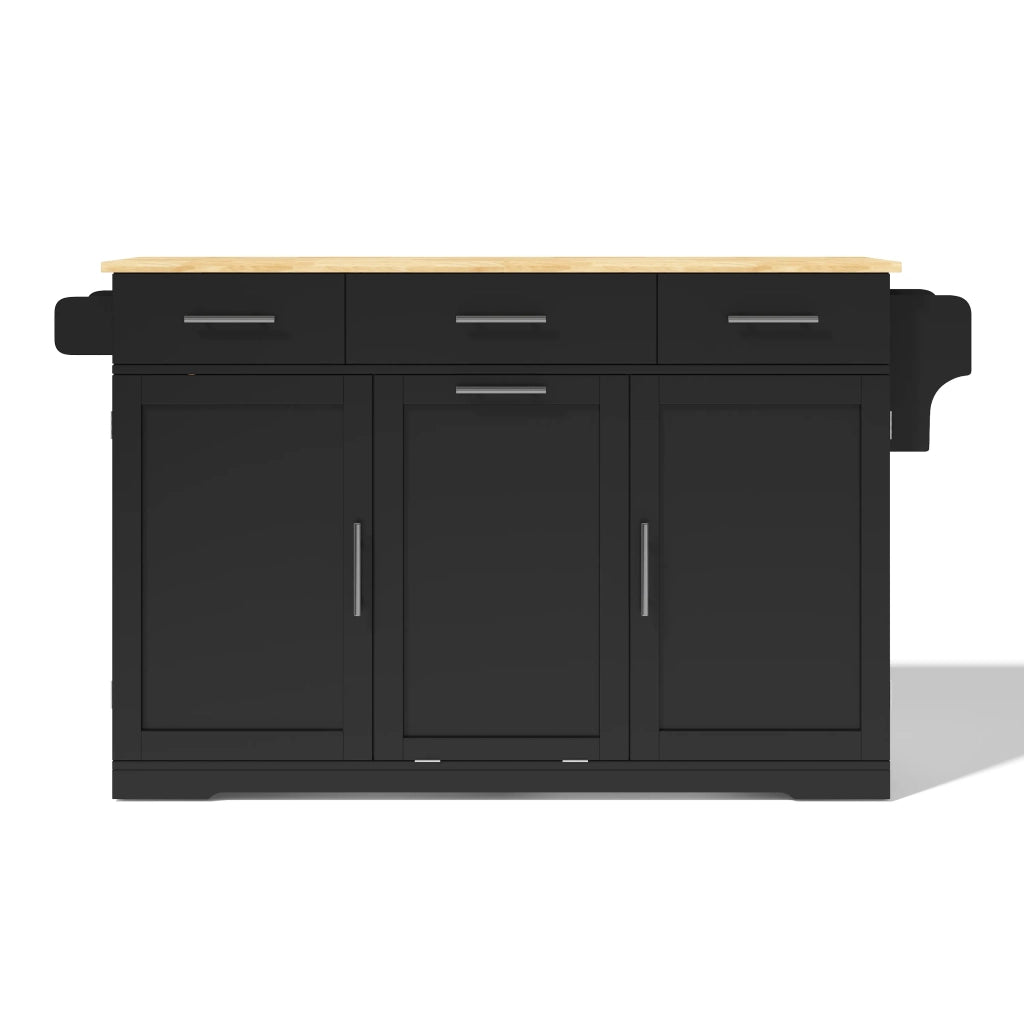 Isola cucina mobile con piano ribaltabile, carrello su ruote con 3 cassetti grandi, 2 ante e vano pattumiera, 136x50(75)x92 cm