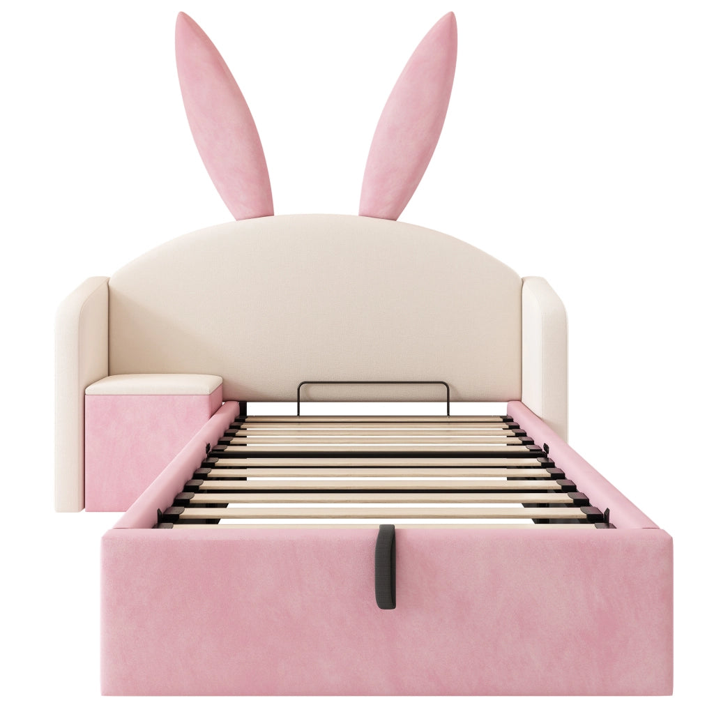Letto per bambini 90x190 cm con testiera imbottita in velluto, orecchie con contenitore e comodino beige e rosa (senza materasso)