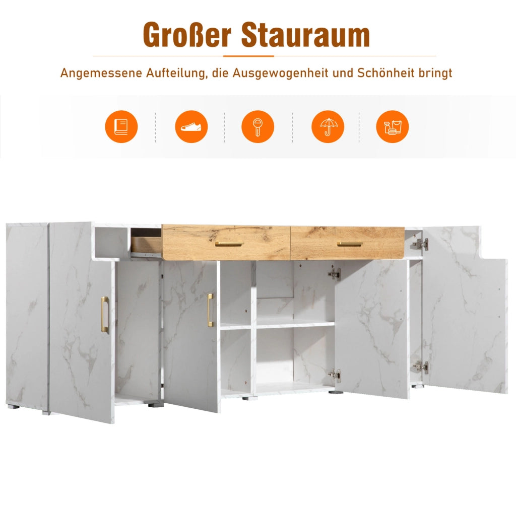 Credenza moderna bianca effetto marmo, 208 x 39,5 x 80 cm